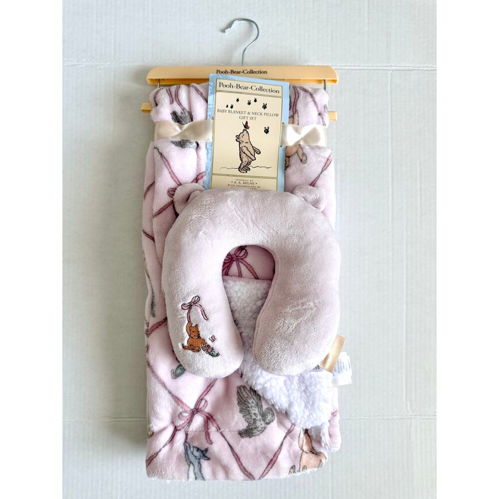 Pooh Bear Collection Winnie The Pooh Pink Ribbon Baby Blanket Neck Pillow Set